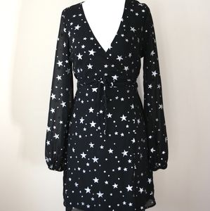 Nasty Gal Black & Silver Glittery Star Print Wrap Dress